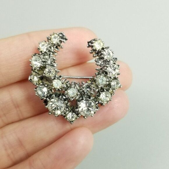 Vintage Rhinestone Crescent Moon Shape Brooch, Silver Tone Lapel Pin, Estate - Picture 5 of 7